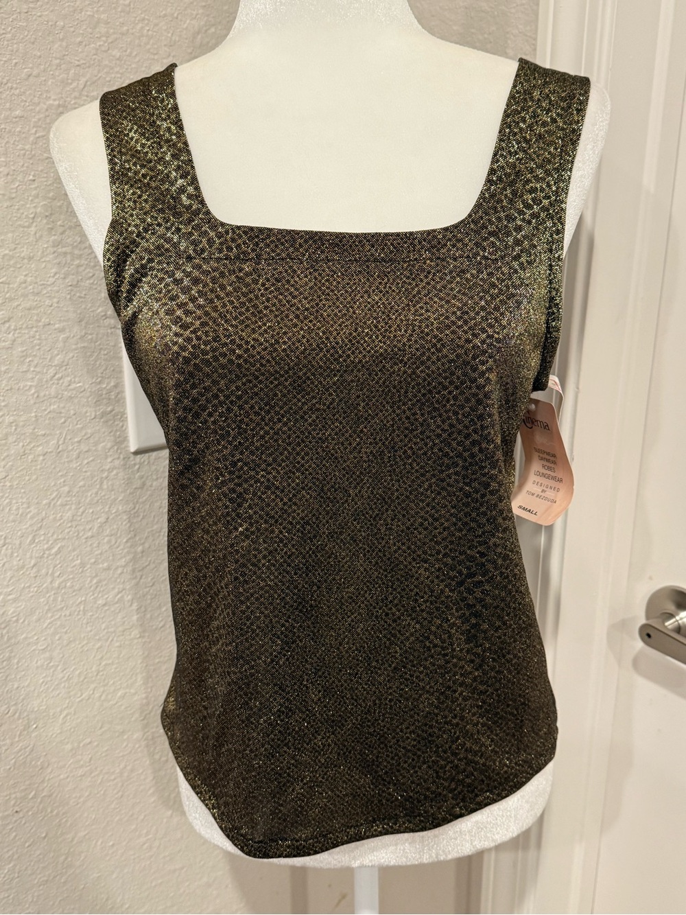 Metallic Black & Gold Square Neck Chemise Tank Top Sz S